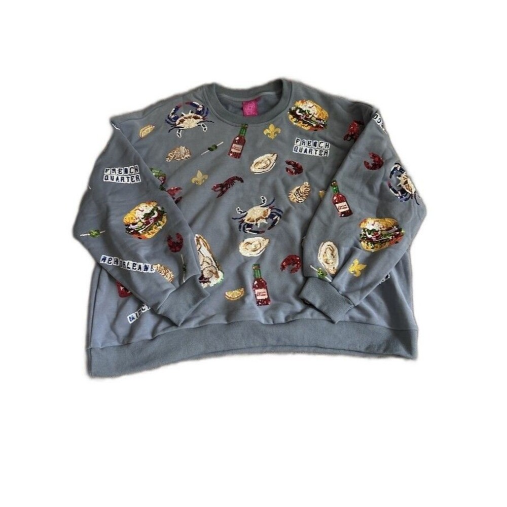 Queen of Sparkles New Orleans Sweatshirt L Blue Sequin Food French Quarter